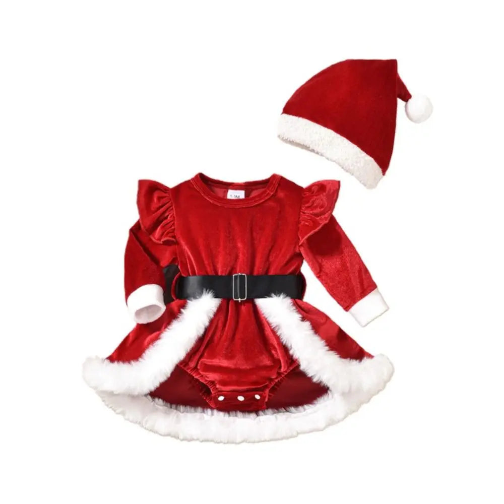 Velvet Baby Girls Christmas Outfits Red Long Sleeve Baby Girls Xmas Dresses With Santa Hat Christmas Baby Girls Bodysuit